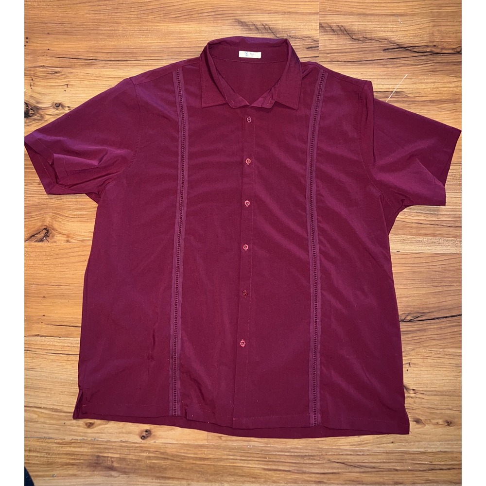 Coofandy Mens XXL Burgundy Guayabera Short Sleeve Button Down Shirt Lace Trim